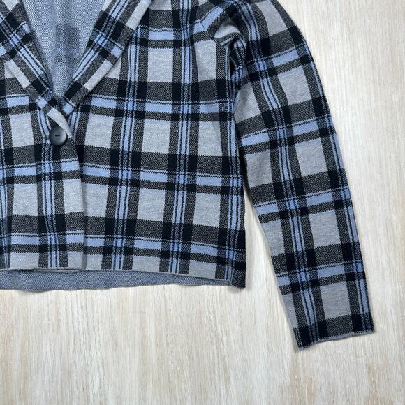 Tahari Black Gray Blue Plaid Cropped One Button Blazer Jacket Long Sleeve Large - Picture 2 of 12